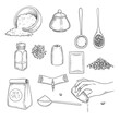 Drawn salt. Eating natural ingredients for preparing food sea crystal salt in packages vector illustrations. Mineral ingredient package, different natural salt for eating and preparation
