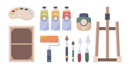 Poster - Artist tools. Paints brushes oil tubes palette canvas easel pencils paper hobby accessories for art studio vector illustrations. Gouache paint and paintbrush, artist hobby instrument