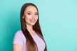 © deagreez - Close-up profile side view portrait of her she nice attractive pretty charming cheerful busty long-haired girl copy space isolated bright vivid shine vibrant blue green turquoise color background