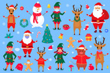 Fototapeta Pokój dzieciecy - Christmas and New Year's cartoon characters and clipart. Elf, Santa Claus, Gingerbread, bull, snowman and deer