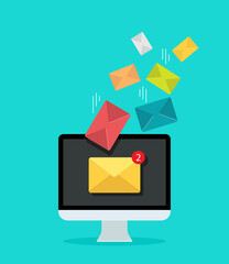 Poster - Email on computer screen for marketing. Newsletter in mail inbox. Icon of send or receive message. Notification letter in mailbox for promotion business. Concept of communication, advertising. Vector