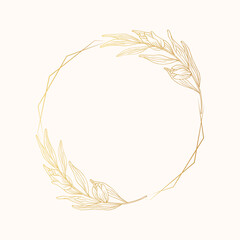 Wall Mural - Golden round frame with floral branches. Vector isolated spring flourish border. Elegant rustic gold invitation wreath for wedding card.	
