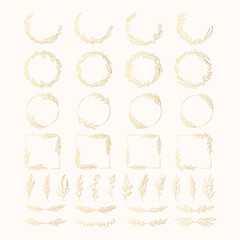 Wall Mural - Big set of golden hand drawn botanical round and rectangular frames, floral dividers and branches. Vector isolated elements. Wedding flourish gold laurel wreaths for invitation card. 