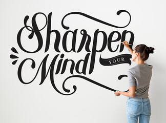 female artist writing sharpen your mind quote on the wall