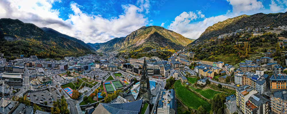Obraz na płótnie Aerial view of Andorra la Vella, the capital of Andorra, in the Pyrenees mountains between France and Spain w salonie