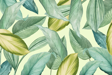 Wall Mural - Green tropical leaves patterned background