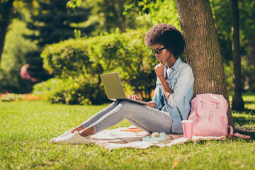 Canvas Print - Full length body side profile photo of black skinned serious girl reading on laptop touching chin outside the city park wearing spectacles