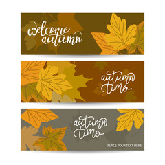 Wall Mural - Set of three horizontal banners with autumn maple leaves. Collection of templates for autumn sales with text. Vector EPS 10