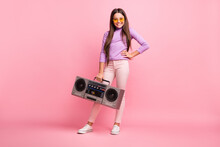 Full Body Photo Of Small Hipster Girl Kid Hold Boom Box Wear Violet Jumper Trousers Isolated On Pastel Color Background