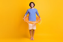 Full Size Photo Of Middle Eastern Guy Wear Lifesaver Blue White Striped Shirt Shorts Barefoot Isolated On Yellow Color Background