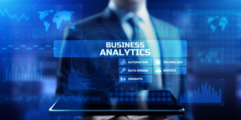 Business analytics big data analysis technology concept on VR screen.