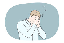 Business, Sleep, Fatigue, Dream, Insomnia Concept. Tired Idle Businessman Clerk Manager Cartoon Character Standing Sleeping At Workplace In Dreaming Pose. Rest After Work And Relaxation Illustration.