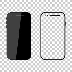 Poster - PNG mockup. Phone mock up. Black smartphone. Mobile cellphone with blank screen isolated on transparent background. Template and frame of smart. Realistic 3d 6,7 ui for app, background. Vector