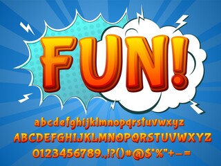 Sticker - Fun comic font. Funny typeface, 3d colorful letters and cartoon explosion. Children typography alphabet recent numbers vector collection. Illustration abc typeface, headline and graffiti typography