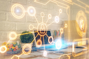 Aufkleber - Computer on desktop with social network hologram. Multi exposure. Concept of international people connections.