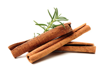  Cinnamon and rosemary on a white background