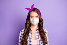 Portrait Of Girl Wear Checked Shirt Flu Protective Safety Mask Isolated Over Violet Lilac Pastel Color Background