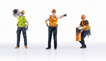 Construction Workers Set Isolated On White Background. Diverse Team Of Manual Builder Workers In Protective Helmets. 3D Industrial Workers: Engineer Technician, Handyman Characters Design Illustration
