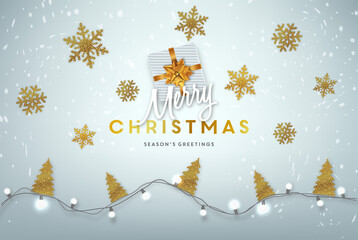 Wall Mural - Merry Christmas vector greeting card. Realistic illustration with christmas snowflakes and lettering