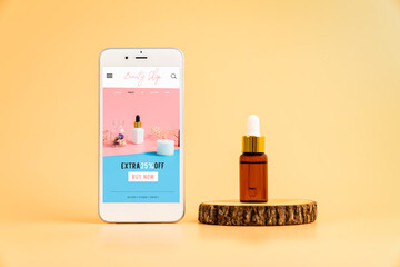design of the smartphone screen, application of cosmetics online. serum bottle, mockup of beauty pro