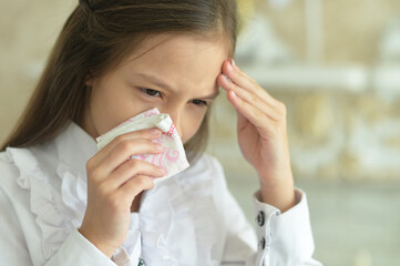 Poster - Portrait of cute little girl crying at home