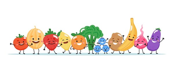 Wall Mural - Fruits and vegetables characters. Vector illustration