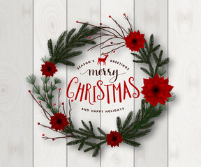 Wall Mural - Christmas wreath with bow vector illustration. Greeting card with Christmas tree branches and Christmas toys.