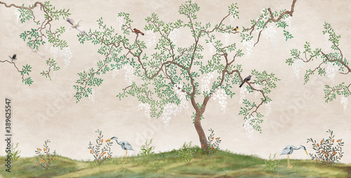 Dekoracja na wymiar  kwitnace-drzewo-w-ogrodzie-japonskim-z-ptakami-fresk-tapeta-do-druku-wnetrz