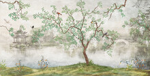 Tree By The Lake. Misty Landscape. Tree With Birds In The Japanese Garden. The Mural, Wallpaper For Interior Printing