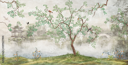 Dekoracja na wymiar  drzewo-nad-jeziorem-mglisty-krajobraz-drzewo-z-ptakami-w-ogrodzie-japonskim-fototapeta-tapeta-do-druku-wnetrz