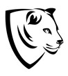 beautiful lioness head in simple heraldic shield - black and white vector design for african wildlife concept coat of arms