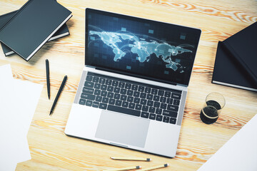 Aufkleber - Computer monitor with abstract graphic digital world map with connections, globalization concept. 3D Rendering