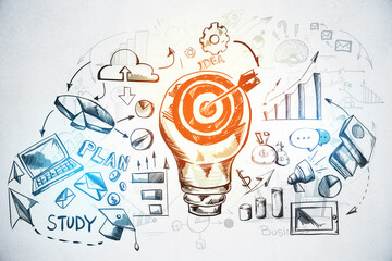 Business sketch with chart and target lamp