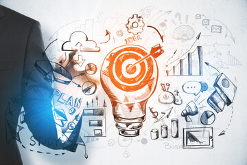 Poster - Hand drawing business sketch with chart and target lamp