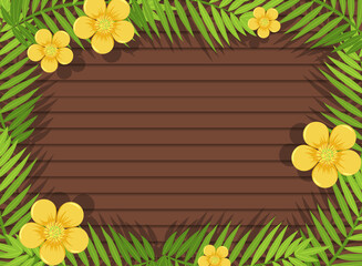 Wall Mural - Top view of blank wooden table with leaves and yellow flower elements