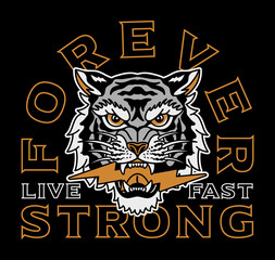 Wall Mural - Grey Tiger with Lightning Illustration with A Slogan Artwork on Black Background for Apparel or Other Uses