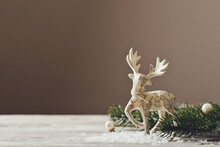 Christmas Card Conception. Christmas Toy Deer Decoration With Christmas Tree Branch And Snow