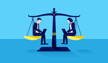 Gender equality in the workplace - Businessman and woman on scale with equal weight between the genders. Vector illustration.