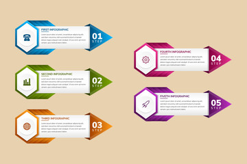 Poster - colorful timeline infographic template with arrows, flowchart, workflow or process infographics, hex