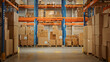 © Gorodenkoff - Gigantic Sunny Retail Warehouse full of Shelves with Goods in Cardboard Boxes. Logistics and Distribution Storehouse Center for further Product Delivery Packages. Front Camera View