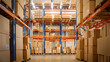 Gigantic Sunny Retail Warehouse full of Shelves with Goods in Cardboard Boxes. Logistics and Distribution Storehouse Center for further Product Delivery Packages. Front Camera View