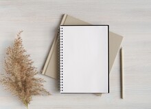 Empty Spiral Notebook Mockup For Planner Template, Art, Lettering Or Text, Wedding Planner, Neutral Colors, Flat Lay.