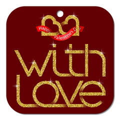 Wall Mural - With Love gift tag with golden glittering lettering and two connected hearts valentine logo on red background. Design elements for Valentine's day greeting card.