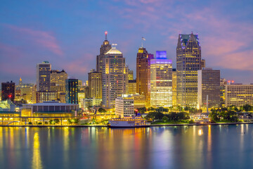 Wall Mural - Cityscape of Detroit skyline in Michigan, USA at sunset