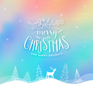 Christmas Greeting Card. Merry Christmas lettering on holographic background