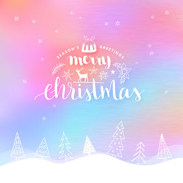 Christmas Greeting Card. Merry Christmas lettering on holographic background