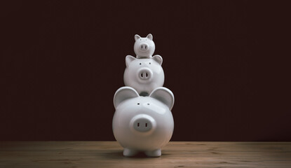 three white ceramic piggy bank on wood table. family Piggy Bank