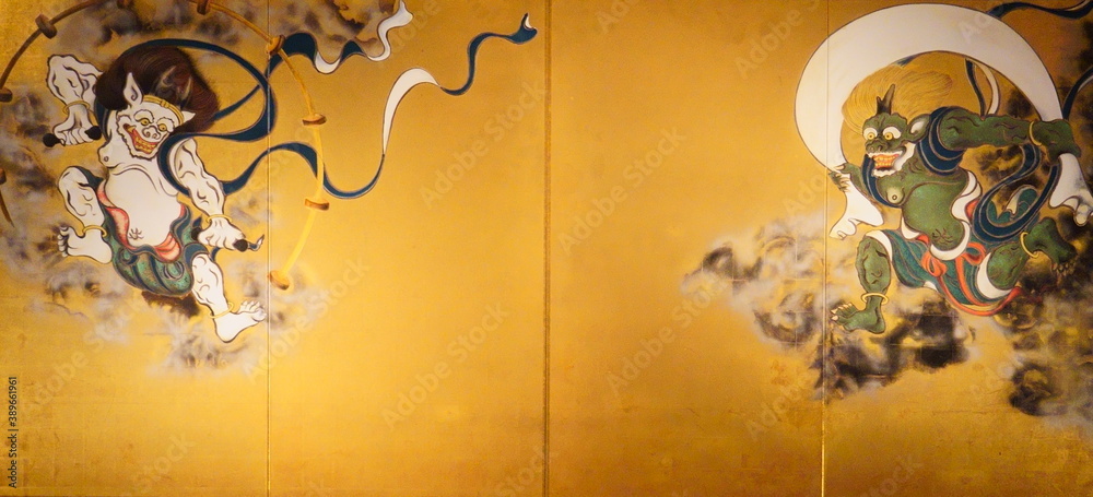 風神雷神図屛風 / Statues of the wind and thunder gods. Stock Photo