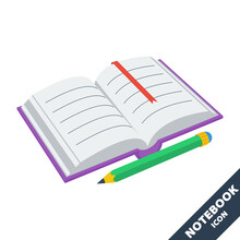 Open Notebook And Pencil 3D Vector Icon In Flat Style.
