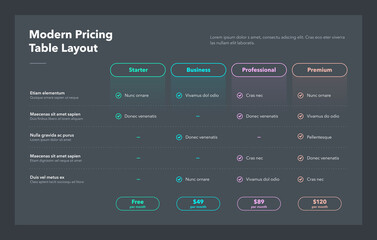 Poster - Modern pricing table layout with four subscription plans - dark version. Flat infographic design template for website or presentation.
